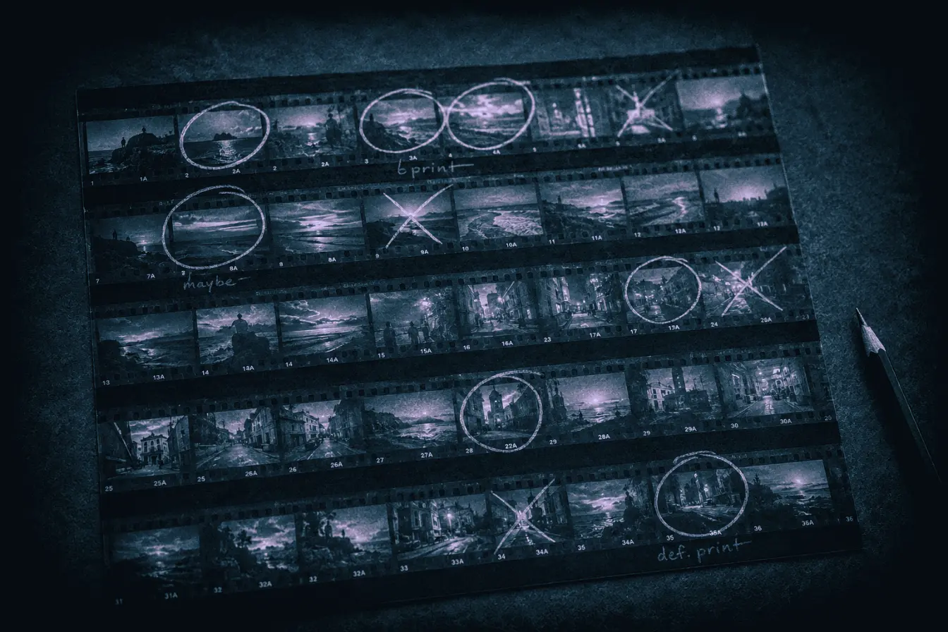 A contact sheet marked up with grease pencil.