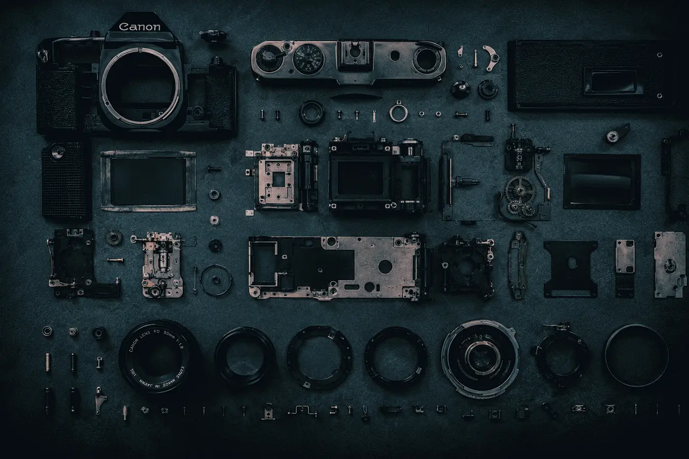 A camera fully disassembled, its parts laid out in precise rows.