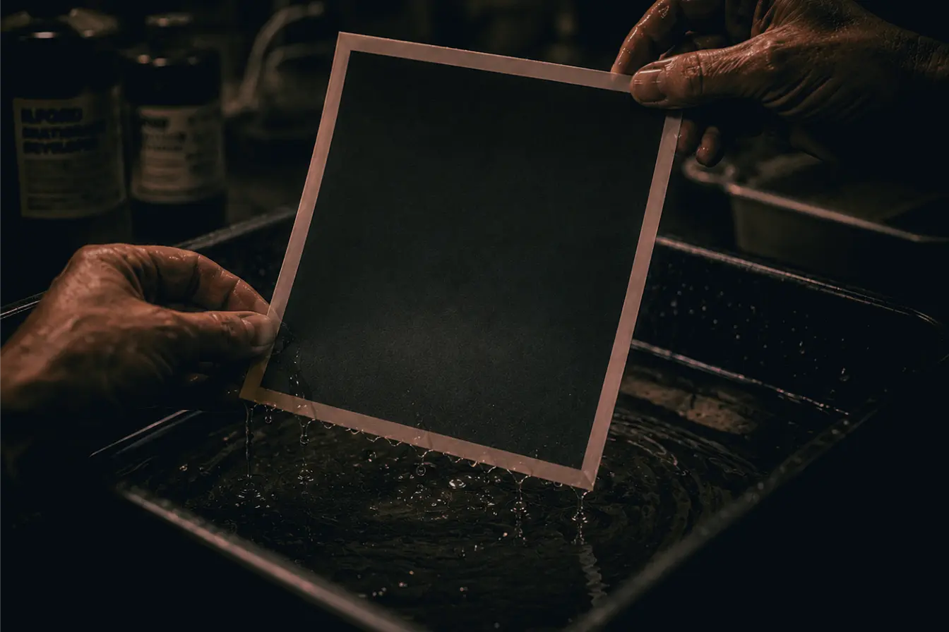 Hands lifting a completely blank print from a developing tray.